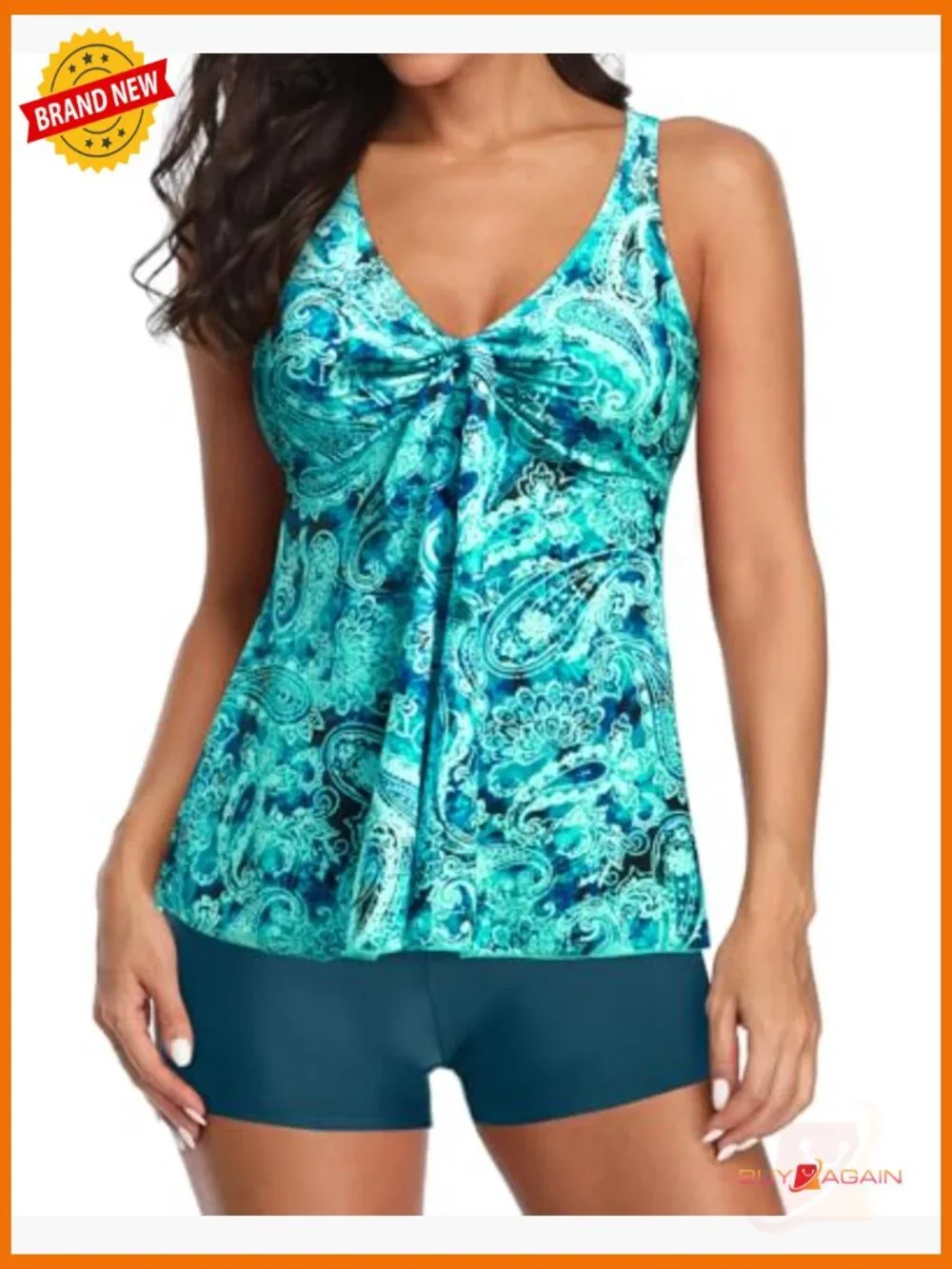 Flowy Tankini Swimsuit with Boyshorts V Neck Tank Top Modest Bathing Suit - Picture 4 of 6
